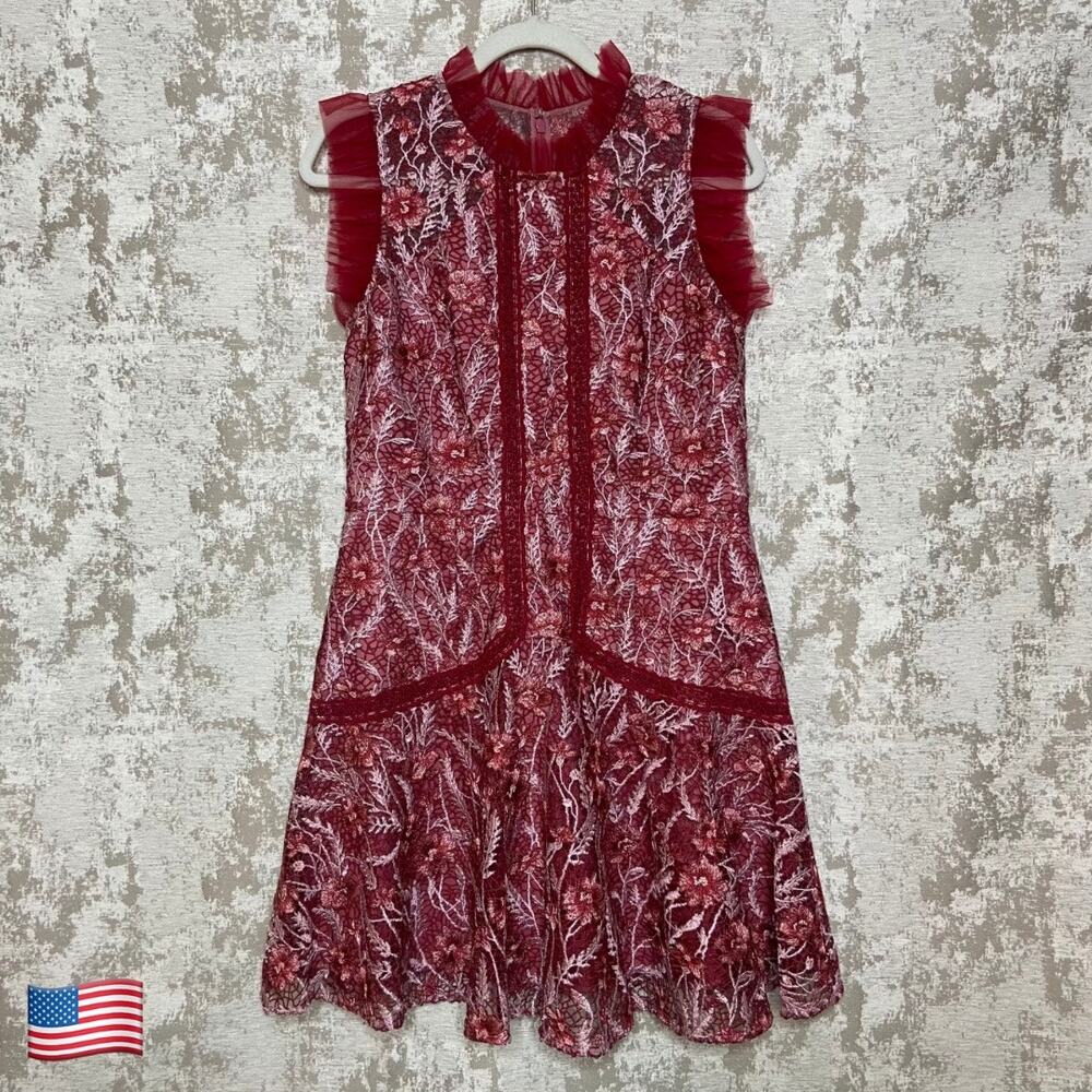ML Monique Lhuillier Floral Lace Mini Dress with Sheer Ruffle Maroon/Oyster Pink